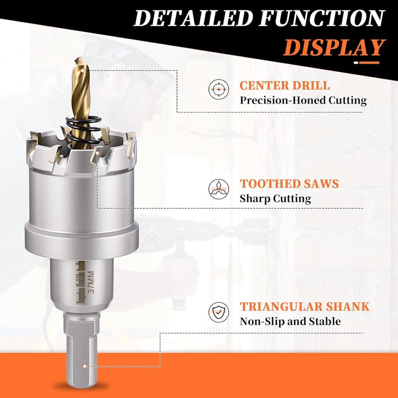 METALLIXITY Hole Saw 37mm (1-7/16"), Heavy Duty Tungsten Carbide with Center Drill Bit Hex Key Spring - Hole Cutters for Thick Stainless Steel Steel Metal Plates. Silver - Image 3